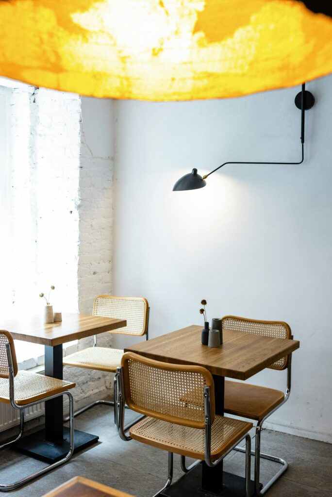 interior of a modern cafe with stylish yellow lamp